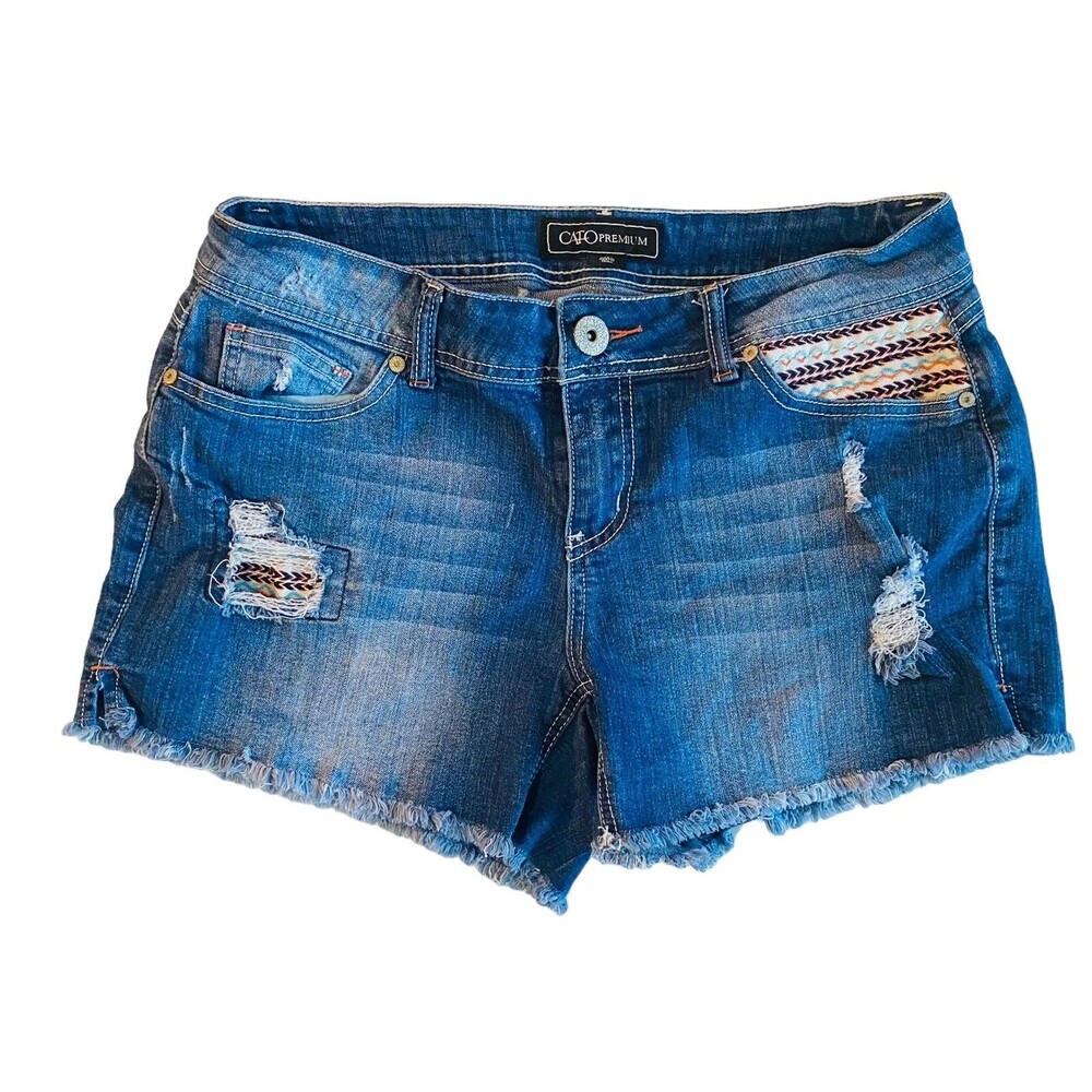Cato Premium Denim Shorts Womens Size 12 Boho Distressed Stretch Blue Frayed Hem